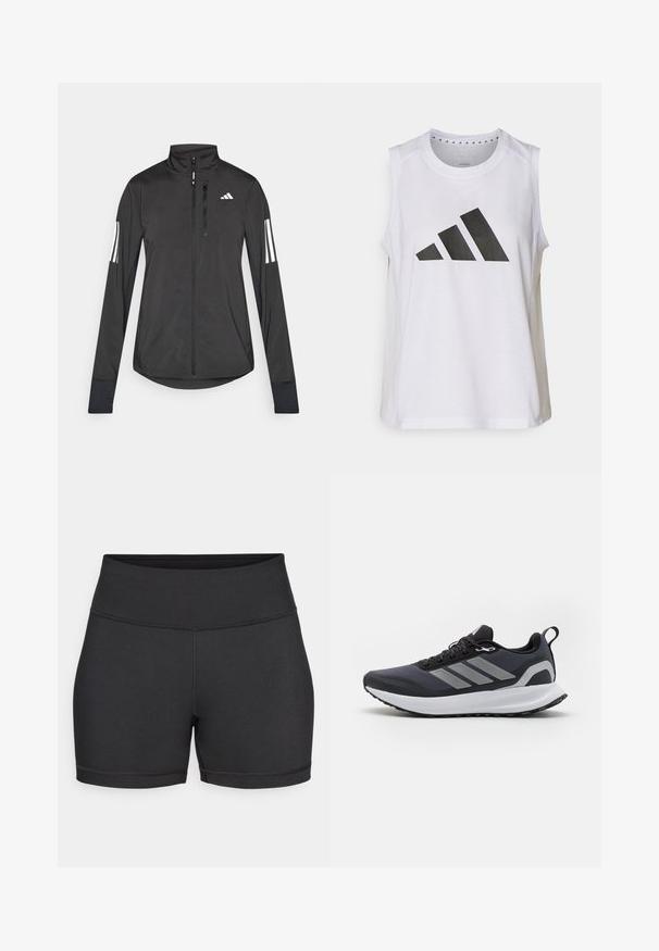 Sort atletisk jakke lavet af let materiale. Har en frontlynlås, høj krave og tre hvide striber på hver ærme.; Hvid ærmeløs træningstop med rund halsudskæring, der har et stort svart Adidas-logo bestående af tre striber på fronten.; Sorte atletiske shorts lavet af strækbart stof, der har en høj talje, flade sømme og en glat overflade uden synlige mønstre.; Sort atletisk sko med mesh-overdel, hvid mellemsål, tekstureret gummisål og tre grå striber på siden. Har snørebånd og en trækflap.