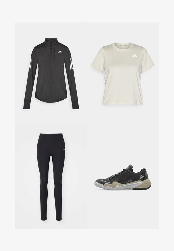 Chaqueta deportiva negra hecha de material ligero. Cuenta con una cremallera frontal, un cuello alto y tres franjas blancas en cada manga.; adidas Performance TRAIN ESSENTIALS 3STRIPES WORKOUT - Camiseta deportiva - alumina/white; Leggings negros hechos de tela elástica, diseño de cintura alta, textura suave, con detalles en las costuras y un pequeño logotipo.; Zapatilla deportiva negra y beige con parte superior texturizada, diseño de suela prominente, acentos reflectantes y sistema de cordones. Construcción ligera.