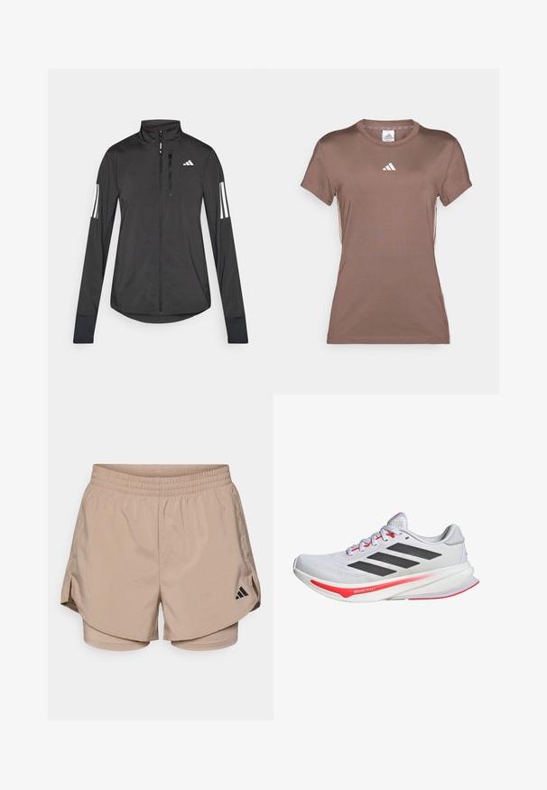 Zwarte sportjack gemaakt van lichtgewicht materiaal. Voorzien van een ritssluiting aan de voorkant, hoge kraag en drie witte strepen op elke mouw.; adidas Performance Sport T-shirt - earth strata/white; Beige sportieve shorts met een tailleband, voorzien van zijsplitten en binnen shorts. Zwart Adidas-logo aan de onderzijde links. Glad stoftextuur.; Witte sportschoen met zwarte accenten en rode details. Voorzien van een bovenwerk van mesh, een gewatteerde kraag en een gestructureerde zool voor grip.