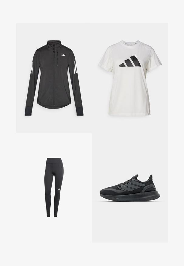 Chaqueta deportiva negra hecha de material ligero. Cuenta con una cremallera frontal, un cuello alto y tres franjas blancas en cada manga.; Camiseta atlética blanca de tejido suave. Presenta mangas cortas y un gran logotipo negro de Adidas con tres rayas debajo.; Leggings deportivos negros con una cintura alta, que incluyen un bolsillo lateral y un logo blanco en la parte inferior de la pierna izquierda. El material parece transpirable.; Zapatillas deportivas negras con parte superior de malla, paneles texturizados, detalle de tres rayas y suela curva etiquetada como "LIGHT BOOST".