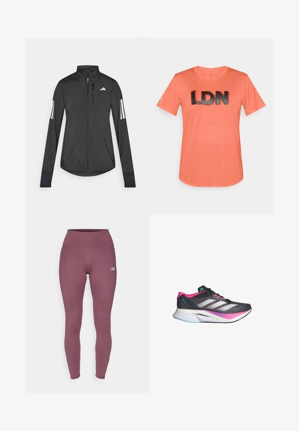 Černá atletická bunda vyrobená z lehkého materiálu. Má přední zip, vysoký límec a tři bílé pruhy na každém rukávu.; Krátký rukáv, korálová sportovní košile s texturovanou síťovinou a výrazným černým potiskem "LDN" na přední straně.; Fialové legíny vyrobené z elastického materiálu, s vysokým pasem a malým logem na spodní části nohy. Hladký povrch a přiléhavý střih.; Běžecká obuv s šedým síťovaným svrškem, růžovými akcenty a bílými pruhy. Disponuje odpruženou podrážkou a štíhlým, aerodynamickým designem.