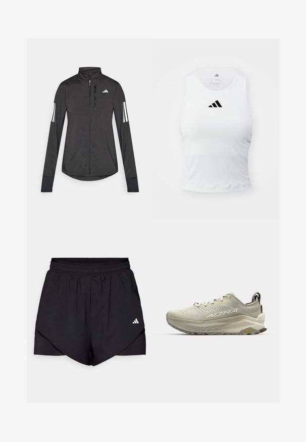 Črna športna jakna iz lahkega materiala. Ima sprednji zadrgo, visok ovratnik in tri bele črte na vsaki rokavi.; Bela atletska majica bez rukava s prilagojenim dizajnom, s crnim Adidas logotipom u centru na prsima i mekim, tkaninom koja odvaja vlagu.; Črne atletske kratke hlače z večplastnim dizajnom, izdelane iz lahkega materiala. Imajo elastičen pas in majhen bel logotip na strani.; Svetlo bež tekaška obuvala z zračnim mrežastim zgornjim delom, teksturiranimi detajli, vezalnim zapiranjem in Vibram podplatom za oprijem.
