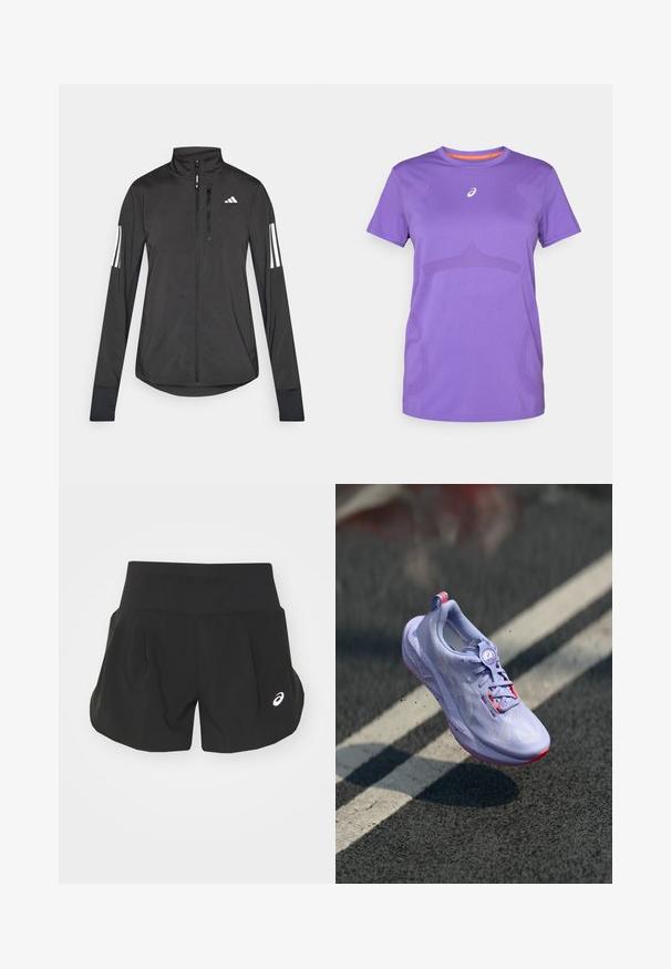 Crni sportski jakna napravljena od laganog materijala. Ima prednji zatvarač, visoki ovratnik i tri bijele pruge na svakoj rukavu.; Ljubičasta atletska majica izrađena od prozračnog materijala. Ima okrugli izrez, kratke rukave i suptilan tonirani uzorak na prednjoj strani.; Crne atletske kratke hlače sa širokim pojasom, nabranim dizajnom i malim bijelim logotipom na donjoj lijevoj strani. Mekani, lagani materijal.; Svijetloplavi tenisice za trčanje s teksturiranim gornjim dijelom, ružičastim naglascima, okruglim sustavom vezanja i točkicama na potplatu, uzdignute iznad pozadine pločnika.