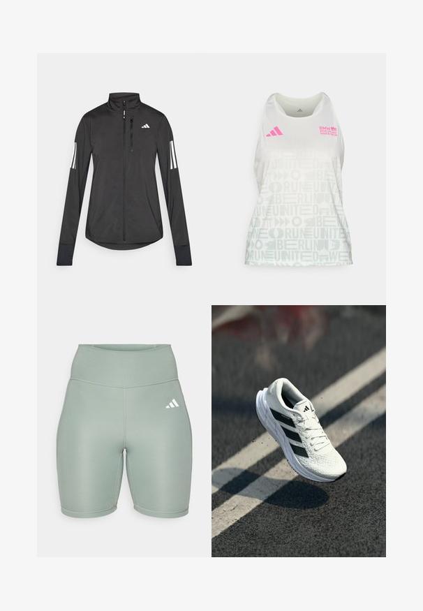 Svart idrottsjacka i lätt material. Har en framzipper, hög krage och tre vita ränder på varje ärm.; adidas Performance BER25 AOP TK W - Linne - crystal jade; Ljusgröna träningsshorts med hög midja, tillverkade av stretchmaterial, med flatlock-sömmar och en vit logotyp på vänster sida.; Vit löparsko med texturerad ovandel, svart tre-stripes design, vadderad krage och lätt sula, placerad i luften över en väg.