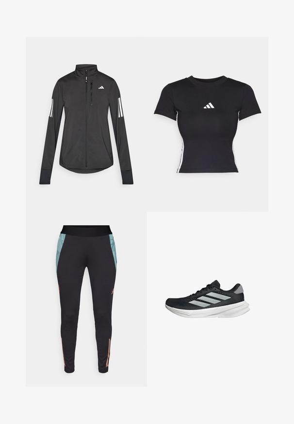 Musta urheilutakki, joka on valmistettu kevyestä materiaalista. Ominaisuuksiin kuuluu etuvetoketju, korkea kaulus ja kolme valkoista raitaa joka hihassa.; Musta istuva t-paita, joka on valmistettu sileästä kankaasta. Siinä on lyhyet hihat ja valkoinen adidas-logo rinnassa. Valkoiset raidat sivuilla.; Mustat urheiluhousut korkealla vyötäröllä, vaaleansiniset sivupaneelit ja hienovaraiset korallinväriset yksityiskohdat alahapsuissa.; Musta juoksukenkä, jossa on verkko-osa ylhäällä, kolme hopeista raitaa, valkoinen välipohja ja teksturoitu pohja. Varustettu pehmustetulla nilkkaremmeillä ja nauhakiinnityksellä.