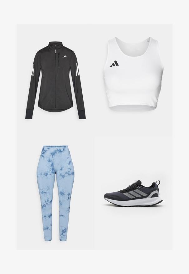 Crni sportski jakna napravljena od laganog materijala. Ima prednji zatvarač, visoki ovratnik i tri bijele pruge na svakoj rukavu.; Bijeli sportski crop top od glatkog materijala, s okruglim izrezom i crnim logotipom na lijevoj strani.; Leggings s plavim mramornim uzorkom s visokim strukom, izrađene od rastezljivog materijala koji ima glatku teksturu i prilagođeni dizajn.; Crne atletske cipele s mrežastim gornjim dijelom, bijelim međuslojem, teksturiranim gumiranim potplatom i tri sive pruge sa strane. Imaju vezice i petnu traku.