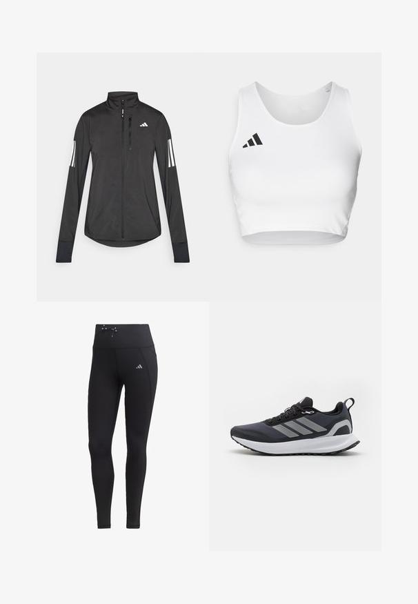 Sort atletisk jakke lavet af let materiale. Har en frontlynlås, høj krave og tre hvide striber på hver ærme.; Hvid sports crop top lavet af glat stof, med en rund halsudskæring og en sort logoaccent på venstre side.; Sorte leggings med høj talje, snøre-detalje og sidelommer. Fremstillet af glat materiale med reflekterende logo-accent.; Sort atletisk sko med mesh-overdel, hvid mellemsål, tekstureret gummisål og tre grå striber på siden. Har snørebånd og en trækflap.