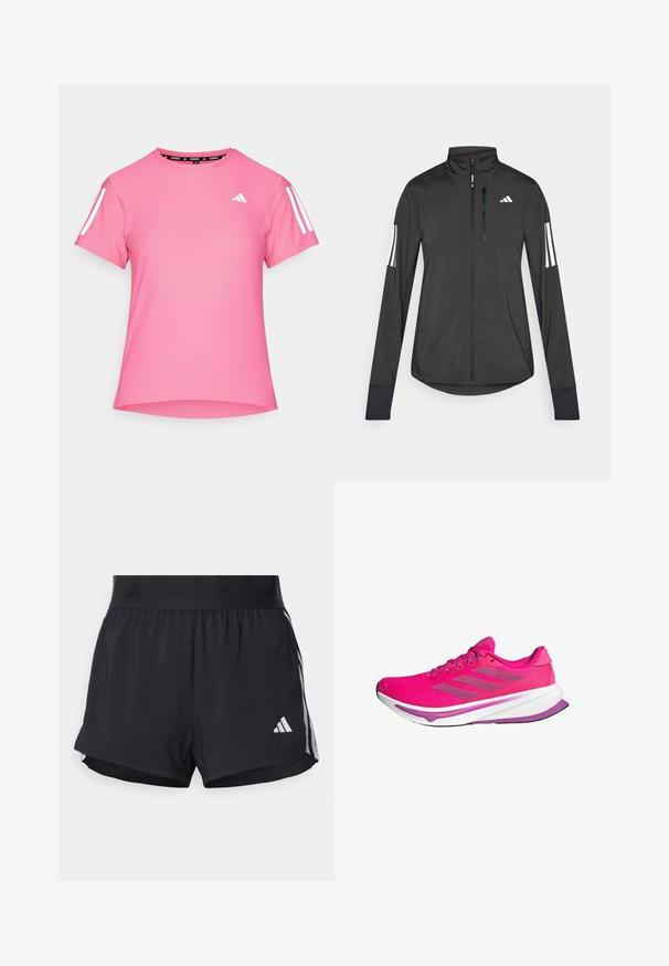 Must mustriga mustrin, millel on esiküljel lukuga, kõrge krae ja igal varrukal kolm valget triipu.; Roosa spordit-särk lühikeste varrukatega, ümar kaelus, valged kolm triipu õlavarrel ja tekstureeritud kangas. Logo rinnal.; Musta sportlikud lühikesed püksid elastse vöökohtaga, millel on tekstuuriga riba, külgmised triibud ja alumises servas valge Adidas'i logo.; Roosa jooksujalatsid, millel on võrkkangast ülemine osa, valge vaheosa ja lillad aktsendid. Küljel on kolm halli triipu ja kaardus tallakujundus.