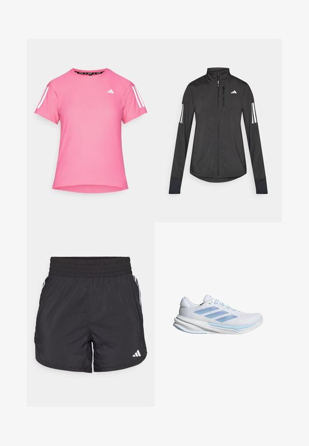 Černá atletická bunda vyrobená z lehkého materiálu. Má přední zip, vysoký límec a tři bílé pruhy na každém rukávu.; Růžové sportovní triko s krátkým rukávem, kulatým výstřihem, bílými třípruhovými akcenty na ramenou a strukturovanou tkaninou. Logo na hrudi.; Černé sportovní šortky s elastickým pasem, bočními kapsami a bílými pruhy po stranách. Vyrobené z lehkého materiálu.; Bílé běžecké boty s světle modrými akcenty, prodyšný síťovinový svršek, design se třemi pruhy, polstrovaná podrážka a texturovaná trakční podešev.