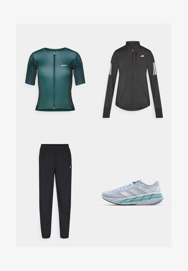 Jaqueta atlética preta feita de material leve. Apresenta um fecho frontal, colarinho alto e três riscas brancas em cada manga.; Camisola de ciclismo de manga curta em verde escuro com fecho completo, fabricada em tecido suave e que absorve a humidade, com um pequeno logótipo branco.; Calças desportivas pretas com um cós elástico, pernas ajustadas com punhos, feitas de um material leve e suave, e um pequeno logotipo na coxa.; Ténis desportivos de azul claro com um upper em malha texturizada, detalhes brancos e uma sola intermédia transparente verde. Biqueira arredondada e colarinho acolchoado.
