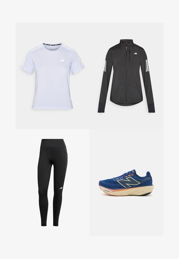 Fekete sportos dzseki könnyű anyagból. Elöl cipzárral, magas gallérral és minden ujjon három fehér csíkkal rendelkezik.; Világoskék, rövid ujjú sportpóló, kerek nyakkivágással, hálószerű textúrával, és három fehér csíkkal a vállakon, egy kis logóval.; Fekete sport leggings, magas derékkal, rugalmas anyagból készült; oldalzsebbe és egy kis fehér logóra van szüksége a szegély közelében.; Kék futócipő, lélegző mesh felsőrésszel, párnázott nyakkal és párnázott talppal, narancssárga részletekkel. A "Fresh Foam" márkázás látható.
