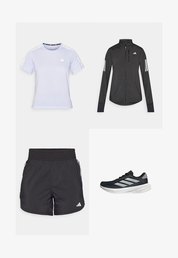 Svart idrottsjacka i lätt material. Har en framzipper, hög krage och tre vita ränder på varje ärm.; Ljusblå kortärmad träningströja med rund halsringning, nätliknande struktur och tre vita ränder på axlarna med en liten logotyp.; Svarta träningsshorts med elastisk midja, sidfickor och vita randkonturer på sidorna. Tillverkade av lätt material.; Svart löparskor med meshtopp, tre silverränder, vit mellansula och strukturerad sula. Har vadderad krage och snörning.