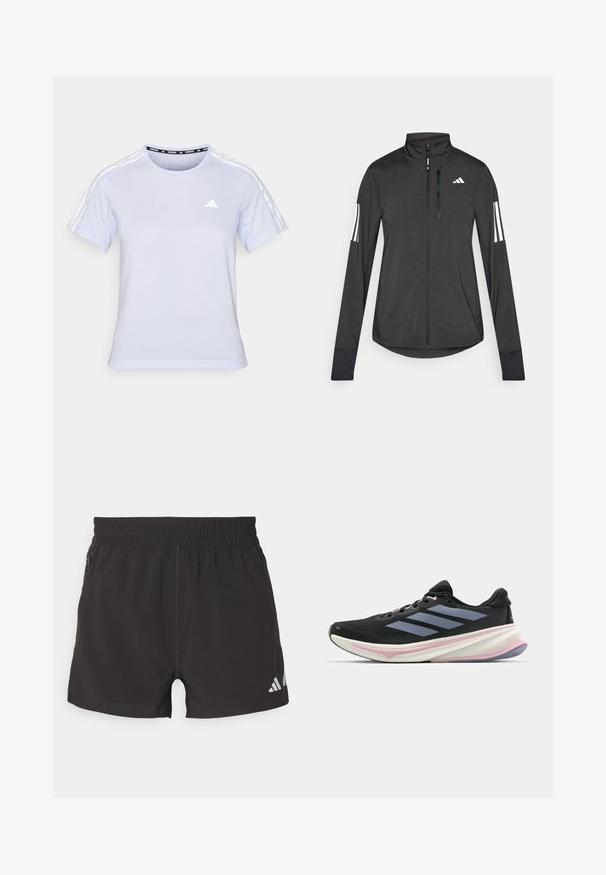 Fekete sportos dzseki könnyű anyagból. Elöl cipzárral, magas gallérral és minden ujjon három fehér csíkkal rendelkezik.; Világoskék, rövid ujjú sportpóló, kerek nyakkivágással, hálószerű textúrával, és három fehér csíkkal a vállakon, egy kis logóval.; Fekete sportnadrág, könnyű anyagból készült. Rugalmas derékrésszel, oldalsó cipzáros zsebbel és fényvisszaverő logóval rendelkezik az alján.; Fekete futócipő hálós felsőrésszel, világoslila részletekkel és három vízszintes szürke csíkkal. Jellemzője a párnázott talp a kényelem érdekében.