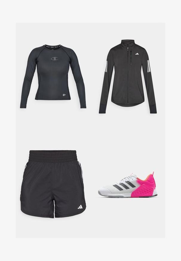 Svart treningsjakke laget av lett materiale. Har glidelås foran, høy krage og tre hvite striper på hver erme.; Svart langermet treningstrøye laget av elastisk materiale, med rund halslinning og logodetalj på brystet og nederkant.; Svarte treningsshorts med elastisk midje, sidelommer og hvite stripeaksenter på sidene. Laget av lett materiale.; Hvite joggesko med grå striper, mesh-overdel og rosa hæl og detaljer. Har teksturert hæl og gummisåle. Snøring og polstret krage.