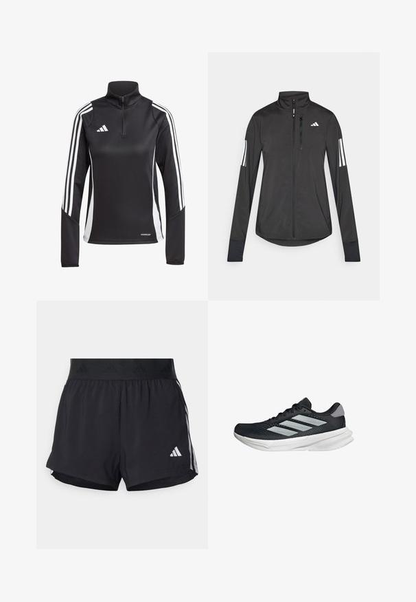 Black athletic jacket made of lightweight material. Features a front zipper, high collar, and three white stripes on each sleeve.; Black athletic long-sleeve top with a zipper at the collar, featuring white stripes along the shoulders and "AEROREADY" text at the hem.; Black athletic shorts with an elastic waistband, featuring a textured band, side stripes, and a white Adidas logo on the lower hem.; Black running shoe with mesh upper, three silver stripes, white midsole, and textured outsole. Features padded collar and lace closure.