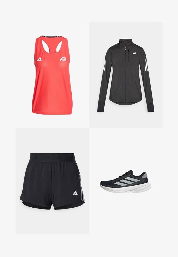 Schwarze Sportjacke aus leichtem Material. Mit einem Frontreißverschluss, hohem Kragen und drei weißen Streifen an jedem Ärmel.; Rotes Sporttanktop mit Rundhalsausschnitt, Racerback-Design, Adidas-Logo und "AR"-Branding. Hergestellt aus atmungsaktivem, strukturiertem Stoff.; Schwarze Sportshorts mit einem elastischen Bund, ausgestattet mit einem strukturierten Band, seitlichen Streifen und einem weißen Adidas-Logo am unteren Saum.; Schwarzer Laufschuh mit Mesh-Obermaterial, drei silbernen Streifen, weißer Zwischensohle und strukturiertem Außensohle. Verfügt über einen gepolsterten Schaft und eine Schnürung.
