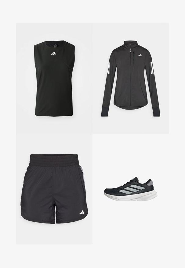 Čierna športová bunda vyrobená z ľahkého materiálu. Má zips vpredu, vysoký golier a tri biele pruhy na každom rukáve.; Čierny bezrukávový športový top vyrobený z priedušnej látky, ktorý obsahuje sieťované detaily a biele logo Adidas v oblasti hrude.; Čierne športové šortky s elastickým pásom, bočnými vreckami a bielymi pruhmi po stranách. Vyrobené z ľahkého materiálu.; Čierna behacia obuv s vrchnou časťou z priedušného materiálu, tromi striebornými pruhmi, bielou medzipodrážkou a textúrovanou podrážkou. Obsahuje polstrovaný golier a uzatváranie na šnúrky.
