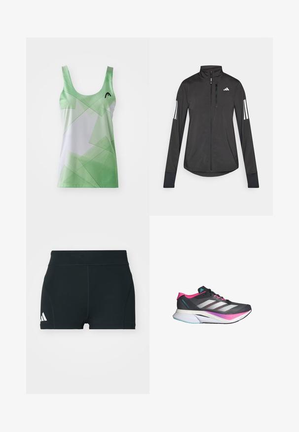 Svart idrottsjacka i lätt material. Har en framzipper, hög krage och tre vita ränder på varje ärm.; Grön och vit tanktop med geometriska mönster, med en rundad halsringning och axelband. Tillverkad av ett slätt, lätt tyg.; Svarta träningsshorts i stretchigt material, med hög midja, åtsittande passform och vitt Adidas-logga på vänster sida.; Löparskor med grått mesh-övre, rosa detaljer och vita ränder. Har en dämpad sula och en slank, aerodynamisk design.