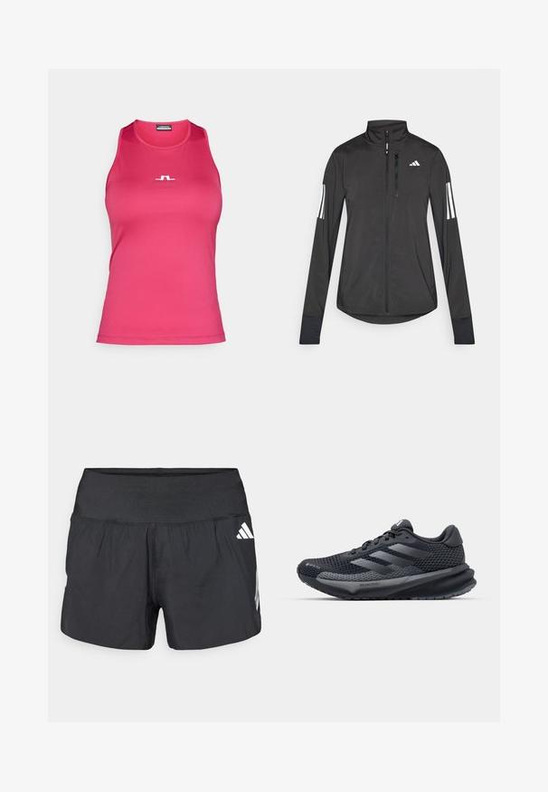 Crni sportski jakna napravljena od laganog materijala. Ima prednji zatvarač, visoki ovratnik i tri bijele pruge na svakoj rukavu.; Sportska majica bez rukava u svijetlo ružičastoj boji, izrađena od glatkog materijala. Ima mali bijeli logo sprijeda i okrugli izrez.; Crne sportske kratke hlače s širokim elastičnim pojasom, laganom tkaninom i bijelim logotipom na donjoj strani.; Crne atletske cipele s teksturiranim mrežastim gornjim dijelom, reflektirajućim detaljima, ublaženim potplatom i aerodinamičnim dizajnom. Sadrži logo s tri pruge.