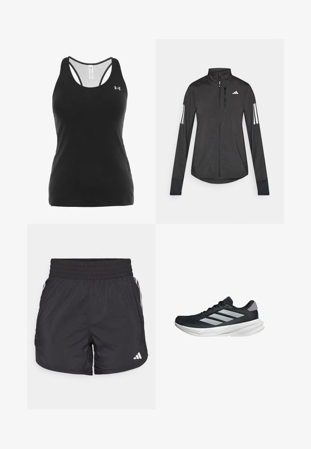 Giacchetto sportivo nero realizzato in materiale leggero. Presenta una chiusura frontale con zip, colletto alto e tre strisce bianche su ciascun manica.; Under Armour TECH RACER - Top - schwarz/silber; Pantaloni sportivi neri con elastico in vita, tasche laterali e strisce bianche ai lati. Realizzati in materiale leggero.; Scarpa da corsa nera con tomaia in mesh, tre strisce argentate, intersuola bianca e suola testurizzata. Presenta un colletto imbottito e chiusura con lacci.