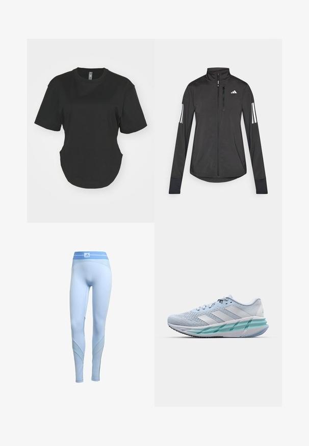 Černá atletická bunda vyrobená z lehkého materiálu. Má přední zip, vysoký límec a tři bílé pruhy na každém rukávu.; Černé tričko s krátkým rukávem vyrobené z bavlny. Kolový výstřih s zakřiveným lemem a bočními rozparky. Hladká textura, volný střih.; Světle modré sportovní legíny s přiléhavým střihem, s žebrovanými detaily na pase a po stranách, a hladkou texturou po celé délce.; Světlomodré sportovní boty s texturovaným pleteným svrškem, bílými akcenty a průhledným zeleným mezipodešví. Oválná špička a polstrovaný límec.