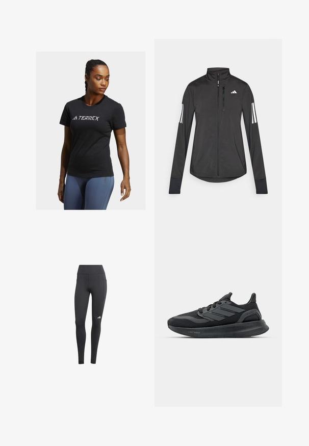 Juodas sportinis švarkas, pagamintas iš lengvos medžiagos. Yra priekinis užtrauktukas, aukšta apykaklė ir trys baltos juostos kiekviename rankovėje.; Juoda trumpomis rankovėmis marškinėliai su apvaliu kaklu ir sidabru "TERREX" logotipu krūtinėje. Audinys atrodo lygus ir prigludęs.; Juodos sportinės legging kelnes su aukštu juosmeniu, su šonine kišenėle ir baltu logotipu kairiajame apatiniame kojoje. Medžiaga atrodo kvėpuojanti.; Juodos sportinės bateliai su tinklu, tekstūruotomis detalėmis, trimis juostelėmis ir išlenktu padu, pažymėtu "LIGHT BOOST".
