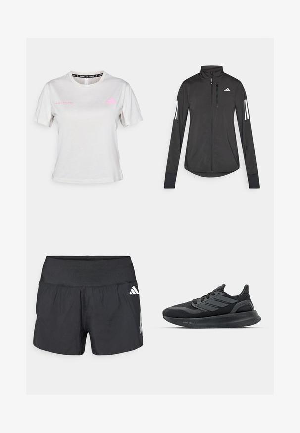 Crni sportski jakna napravljena od laganog materijala. Ima prednji zatvarač, visoki ovratnik i tri bijele pruge na svakoj rukavu.; Svijetlosivi kratki majica s kratkim rukavima, koja ima okrugli izrez, s natpisom "ADIDAS RUNNING" ispisanim ružičastom bojom i ružičastim Adidas logom na prsima. Mekana tkanina.; Crne sportske kratke hlače s širokim elastičnim pojasom, laganom tkaninom i bijelim logotipom na donjoj strani.; Crne atletske cipele s mrežastim gornjim dijelom, teksturiranim panelima, detaljem od tri pruge i zakrivljenim potplatom označenim "LIGHT BOOST."