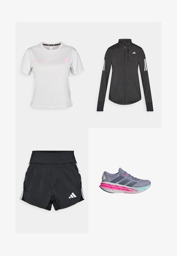Svart treningsjakke laget av lett materiale. Har glidelås foran, høy krage og tre hvite striper på hver erme.; Lys grå kortermet T-skjorte med rund hals, "ADIDAS RUNNING" trykket i rosa, med rosa Adidas-logo på brystet. Myk stoffkvalitet.; Sorte treningsshorts laget av lett materiale, med bred midjebånd, hvite sidestreker og en liten hvit logo på den nederste kanten.; Grå atletiske sko med et pustende mesh-overdel, rosa detaljer, og en lett mellomsåle med et gradientdesign i blå-grønne nyanser.