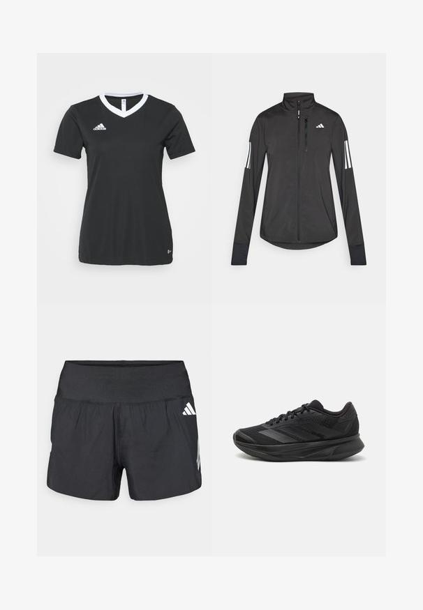 Black athletic jacket made of lightweight material. Features a front zipper, high collar, and three white stripes on each sleeve.; Black short-sleeve sports shirt with a V-neck and white collar. Adidas logo in white on the left chest, made of smooth, synthetic fabric.; Black athletic shorts featuring a wide elastic waistband, lightweight fabric, and white logo accents on the lower side.; Black running shoe with a breathable mesh upper, rounded toe, sleek design, textured accents, and a cushioned sole for comfort.