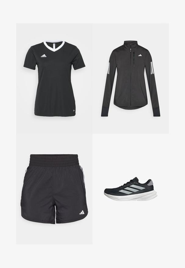 Sort atletisk jakke lavet af let materiale. Har en frontlynlås, høj krave og tre hvide striber på hver ærme.; Sort kortærmet sports skjorte med V-udskæring og hvid krave. Adidas-logo i hvidt på venstre bryst, lavet af glat, syntetisk stof.; Sorte atletiske shorts med elastisk talje, sidelommer og hvid stribeaccent på siderne. Fremstillet af letvægtsmateriale.; Sort løbesko med mesh-overdel, tre sølvstriber, hvid mellemsål og struktureret ydersål. Har polstret krave og snørelukning.