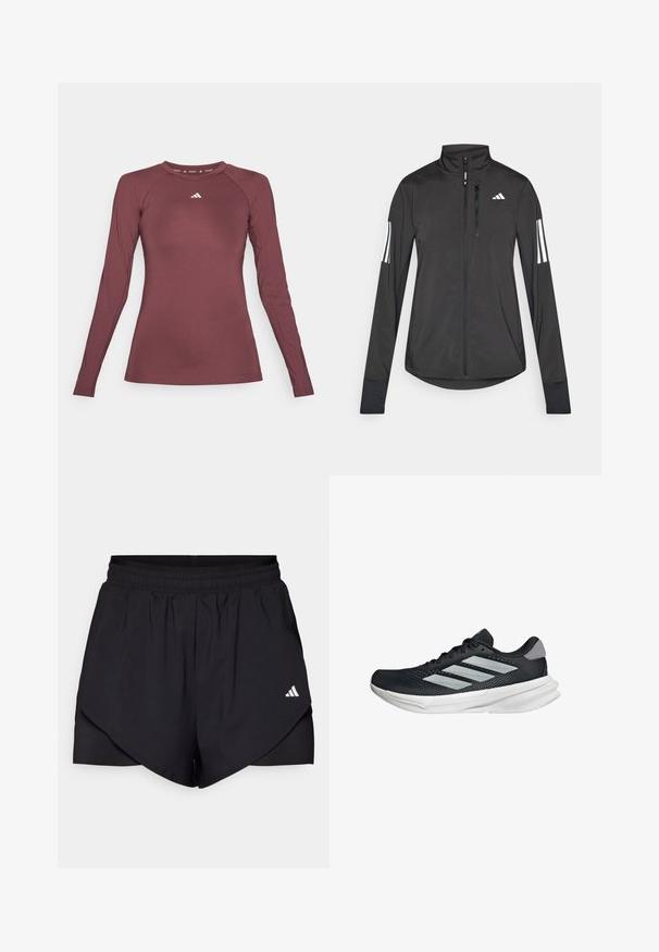 Giacchetto sportivo nero realizzato in materiale leggero. Presenta una chiusura frontale con zip, colletto alto e tre strisce bianche su ciascun manica.; Maglia sportiva a maniche lunghe color bordeaux, realizzata in tessuto liscio e elasticizzato. Presenta un collo rotondo e un piccolo logo bianco sul petto.; Pantaloni sportivi neri con un design a strati, realizzati in tessuto leggero. Presentano una vita elastica e un piccolo logo bianco sul lato.; Scarpa da corsa nera con tomaia in mesh, tre strisce argentate, intersuola bianca e suola testurizzata. Presenta un colletto imbottito e chiusura con lacci.