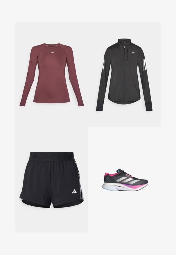 Schwarze Sportjacke aus leichtem Material. Mit einem Frontreißverschluss, hohem Kragen und drei weißen Streifen an jedem Ärmel.; Langärmliges sportliches Oberteil in Burgunderrot, aus glattem, elastischem Stoff. Mit Rundhalsausschnitt und kleinem weißen Logo auf der Brust.; Schwarze Sportshorts mit einem elastischen Bund, ausgestattet mit einem strukturierten Band, seitlichen Streifen und einem weißen Adidas-Logo am unteren Saum.; Laufschuh mit einem grauen Mesh-Obermaterial, pinken Akzenten und weißen Streifen. Verfügt über eine gepolsterte Sohle und ein schlankes, aerodynamisches Design.