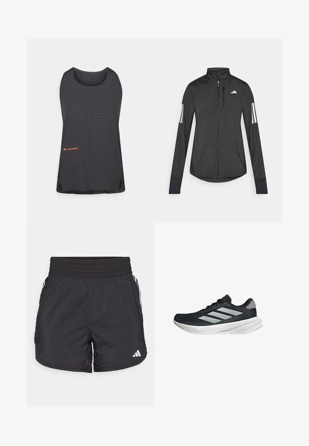 Giacchetto sportivo nero realizzato in materiale leggero. Presenta una chiusura frontale con zip, colletto alto e tre strisce bianche su ciascun manica.; Canotta sportiva nera con un design perforato traspirante, scollatura rotonda e accento arancione del logo in basso a sinistra.; Pantaloni sportivi neri con elastico in vita, tasche laterali e strisce bianche ai lati. Realizzati in materiale leggero.; Scarpa da corsa nera con tomaia in mesh, tre strisce argentate, intersuola bianca e suola testurizzata. Presenta un colletto imbottito e chiusura con lacci.