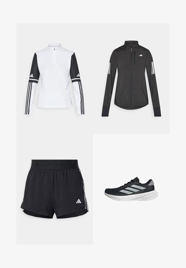 Schwarze Sportjacke aus leichtem Material. Mit einem Frontreißverschluss, hohem Kragen und drei weißen Streifen an jedem Ärmel.; Weißer Sportpullover mit halben Reißverschluss und langen schwarzen Ärmeln, die drei weiße Streifen und das Adidas-Logo an den Schultern aufweisen.; Schwarze Sportshorts mit einem elastischen Bund, ausgestattet mit einem strukturierten Band, seitlichen Streifen und einem weißen Adidas-Logo am unteren Saum.; Schwarzer Laufschuh mit Mesh-Obermaterial, drei silbernen Streifen, weißer Zwischensohle und strukturiertem Außensohle. Verfügt über einen gepolsterten Schaft und eine Schnürung.