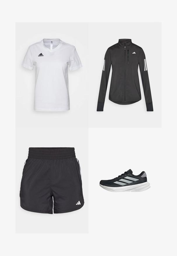 Čierna športová bunda vyrobená z ľahkého materiálu. Má zips vpredu, vysoký golier a tri biele pruhy na každom rukáve.; Biely bavlnený tričko s dizajnom do V, krátkymi rukávmi a čiernym logom Adidas na ľavej strane hrudníka. Hladká textúra, klasický strih.; Čierne športové šortky s elastickým pásom, bočnými vreckami a bielymi pruhmi po stranách. Vyrobené z ľahkého materiálu.; Čierna behacia obuv s vrchnou časťou z priedušného materiálu, tromi striebornými pruhmi, bielou medzipodrážkou a textúrovanou podrážkou. Obsahuje polstrovaný golier a uzatváranie na šnúrky.