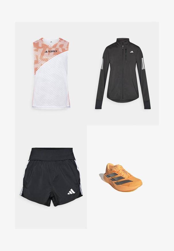 Melnā sporta jaka, izgatavota no viegla materiāla. Tajā ir priekšējais rāvējslēdzis, augsta apkakle un trīs baltas svītras katrā piedurknē.; Balta bez piedurknēm sporta krekls ar oranžām diagonālām svītrām, strukturēta virsma un "TERREX" logo augšpusē.; Melni sporta šorti, izgatavoti no viegla materiāla, ar plašu jostu, baltām sānu svītrām un mazu baltu logotipu apakšējā malā.; Adizero skrējiens apavi spilgti oranžā krāsā ar teksturētu virsotni, trim pelēkām svītrām un vieglu zoli uzlabotai veiktspējai.