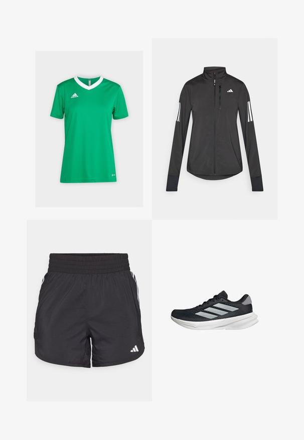 Sort atletisk jakke lavet af let materiale. Har en frontlynlås, høj krave og tre hvide striber på hver ærme.; Grøn atletisk trøje med hvid V-hals og korte ærmer. Lavet af åndbart stof med et Adidas-logo på venstre bryst.; Sorte atletiske shorts med elastisk talje, sidelommer og hvid stribeaccent på siderne. Fremstillet af letvægtsmateriale.; Sort løbesko med mesh-overdel, tre sølvstriber, hvid mellemsål og struktureret ydersål. Har polstret krave og snørelukning.