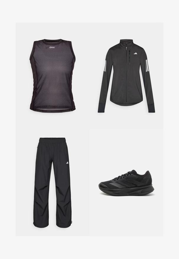 Black athletic jacket made of lightweight material. Features a front zipper, high collar, and three white stripes on each sleeve.; Black sleeveless athletic shirt with a mesh design, featuring a rounded neckline and POC logo. The fabric appears lightweight and breathable.; Black, lightweight, waterproof pants with an elastic waistband, side pockets, and adjustable cuffs. Features a white logo on the left thigh.; Black running shoe with a breathable mesh upper, rounded toe, sleek design, textured accents, and a cushioned sole for comfort.