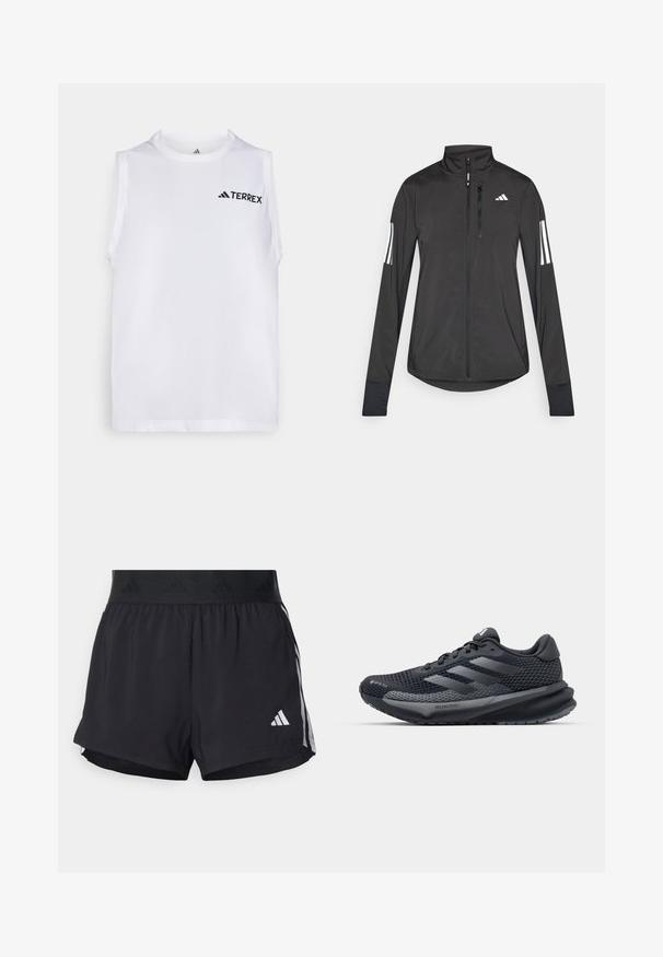 Černá atletická bunda vyrobená z lehkého materiálu. Má přední zip, vysoký límec a tři bílé pruhy na každém rukávu.; Bílé bezrukávové sportovní tričko vyrobené z hladké tkaniny, na hrudi s malým černým logem "TERREX". Rovný lem a kulatý výstřih.; Černé sportovní šortky s elastickým pasem, s texturovaným páskem, bočními pruhy a bílým logem Adidas na dolním lemu.; Černá sportovní bota s texturovaným síťovaným svrškem, reflexními akcenty, polstrovanou podešví a aerodynamickým designem. Obsahuje logo se třemi pruhy.