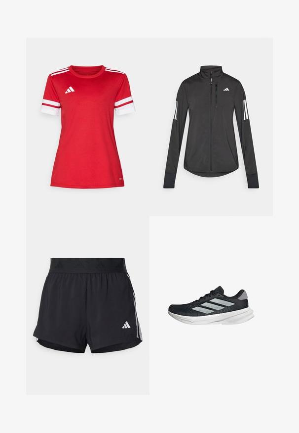 Čierna športová bunda vyrobená z ľahkého materiálu. Má zips vpredu, vysoký golier a tri biele pruhy na každom rukáve.; Červený športový dres z mäkkej tkaniny s bielymi pruhmi na krátkych rukávoch, okrúhlym výstrihom a logom adidas na ľavej hrudi.; Čierne športové šortky s elastickým pásom, ktorý má textúrovanú pruh, bočné pruhy a biely logo Adidas na dolnom leme.; Čierna behacia obuv s vrchnou časťou z priedušného materiálu, tromi striebornými pruhmi, bielou medzipodrážkou a textúrovanou podrážkou. Obsahuje polstrovaný golier a uzatváranie na šnúrky.