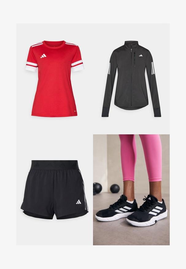 Černá atletická bunda vyrobená z lehkého materiálu. Má přední zip, vysoký límec a tři bílé pruhy na každém rukávu.; Červený sportovní dres vyrobený z měkké látky, s bílými pruhy na krátkých rukávech, kulatým výstřihem a logem adidas na levé straně hrudi.; Černé sportovní šortky s elastickým pasem, s texturovaným páskem, bočními pruhy a bílým logem Adidas na dolním lemu.; Černé sportovní boty s bílými pruhy, texturovaný síťovinový svršek a bílá podrážka. Nosené s růžovými legínami, které předvádějí tréninkové oblečení.