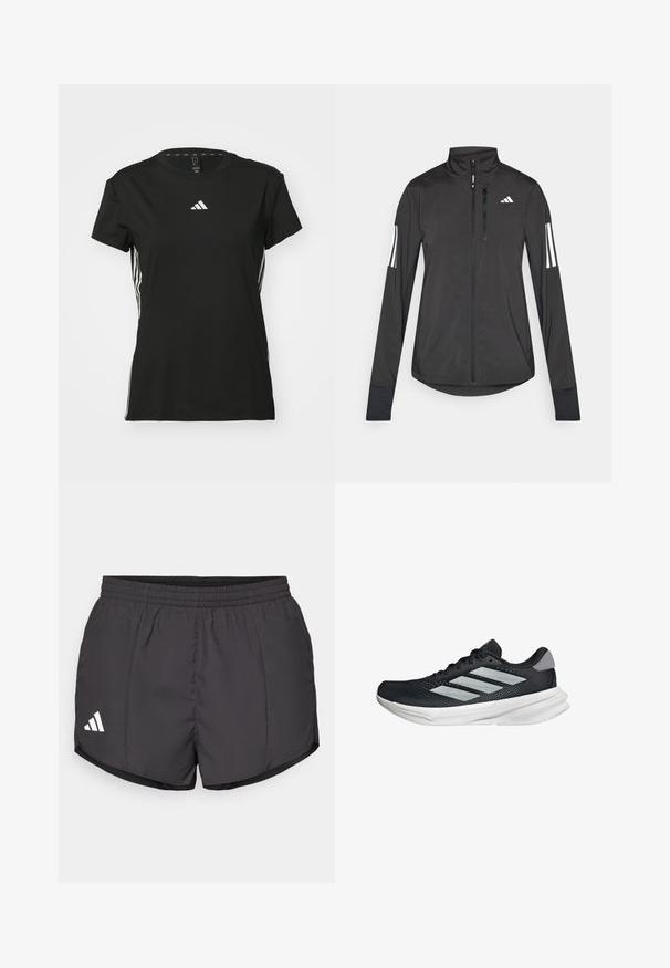 Musta urheilutakki, joka on valmistettu kevyestä materiaalista. Ominaisuuksiin kuuluu etuvetoketju, korkea kaulus ja kolme valkoista raitaa joka hihassa.; Mustat urheilu t-paita lyhyillä hihoilla, valmistettu synteettisestä materiaalista. Sisältää pienen valkoisen logon rinnassa ja valkoiset raidat sivuilla.; Mustat urheilushortsit kevyestä kankaasta, joissa on joustava vyötärö ja valkoinen Adidas-logo vasemmassa alakulmassa.; Musta juoksukenkä, jossa on verkko-osa ylhäällä, kolme hopeista raitaa, valkoinen välipohja ja teksturoitu pohja. Varustettu pehmustetulla nilkkaremmeillä ja nauhakiinnityksellä.