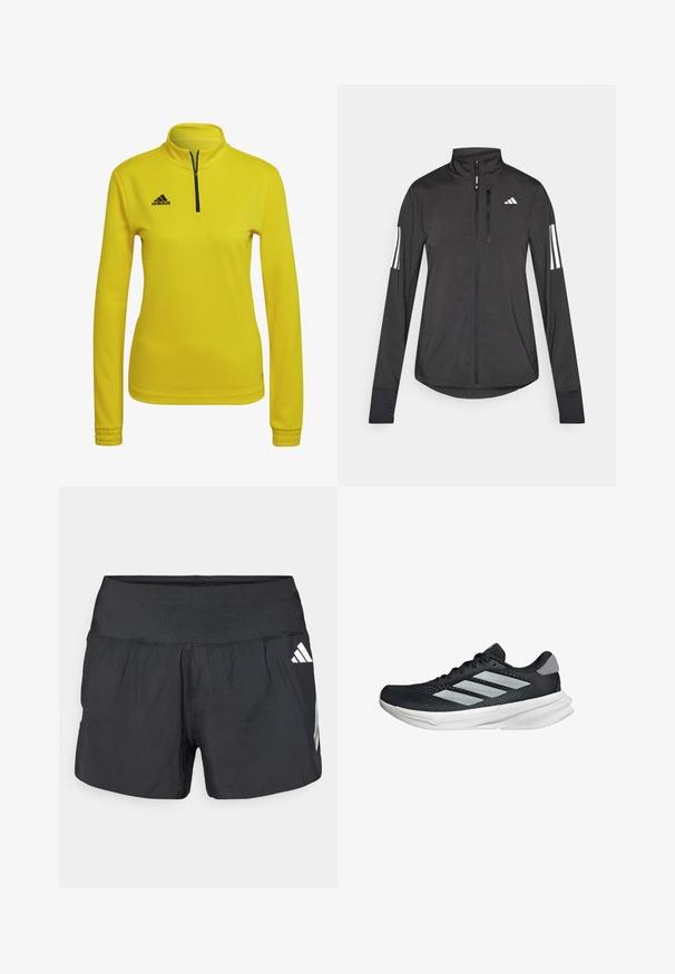 Black athletic jacket made of lightweight material. Features a front zipper, high collar, and three white stripes on each sleeve.; Yellow athletic pullover with a quarter-zip collar, long sleeves, and black Adidas logo on the upper left chest. Smooth, textured fabric.; Black athletic shorts featuring a wide elastic waistband, lightweight fabric, and white logo accents on the lower side.; Black running shoe with mesh upper, three silver stripes, white midsole, and textured outsole. Features padded collar and lace closure.