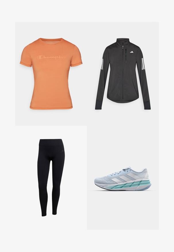 Chaqueta deportiva negra hecha de material ligero. Cuenta con una cremallera frontal, un cuello alto y tres franjas blancas en cada manga.; Camiseta de manga corta de color naranja hecha de tela suave, con un sutil logo en relieve de "Champion" en la parte delantera y un diseño de cuello redondo.; Leggings atléticos negros hechos de una tela elástica, con una cinturilla alta, diseño ajustado y puños de tobillo acanalados. Sutil logo de la marca.; Zapatillas deportivas azul claro con un upper de punto texturizado, acentos blancos y una suela intermedia verde transparente. Punta redondeada y cuello acolchado.