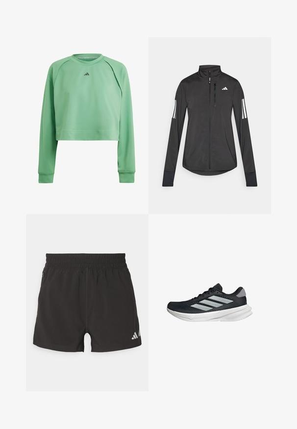 Sort atletisk jakke lavet af let materiale. Har en frontlynlås, høj krave og tre hvide striber på hver ærme.; Lys grøn cropped sweatshirt med lange ærmer, rund hals og en subtil Adidas-logo i mørkegrå på brystet. Glat tekstur.; Sorte atletiske shorts lavet af letvægtsstof. Har en elastisk talje, sidelommer med lynlås og et reflekterende logo på kanten.; Sort løbesko med mesh-overdel, tre sølvstriber, hvid mellemsål og struktureret ydersål. Har polstret krave og snørelukning.