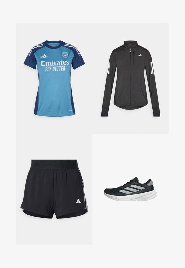 Musta urheilutakki, joka on valmistettu kevyestä materiaalista. Ominaisuuksiin kuuluu etuvetoketju, korkea kaulus ja kolme valkoista raitaa joka hihassa.; Turkoosi ja tummansiniharmaa jalkapallon pelipaita lyhyillä hihoilla, jossa on valkoinen "Emirates"-logo, "FLY BETTER"-teksti ja Adidas-raita.; Mustat urheilushortsit, joissa on joustava vyötärö, jossa on teksturoitu nauha, sivuraidat ja valkoinen Adidas-logo alahelman kohdalla.; Musta juoksukenkä, jossa on verkko-osa ylhäällä, kolme hopeista raitaa, valkoinen välipohja ja teksturoitu pohja. Varustettu pehmustetulla nilkkaremmeillä ja nauhakiinnityksellä.