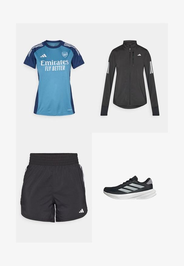 Svart idrottsjacka i lätt material. Har en framzipper, hög krage och tre vita ränder på varje ärm.; Turkos och marinblå fotbollströja med korta ärmar, med en vit "Emirates" logotyp, texten "FLY BETTER" och Adidas-stripes.; Svarta träningsshorts med elastisk midja, sidfickor och vita randkonturer på sidorna. Tillverkade av lätt material.; Svart löparskor med meshtopp, tre silverränder, vit mellansula och strukturerad sula. Har vadderad krage och snörning.