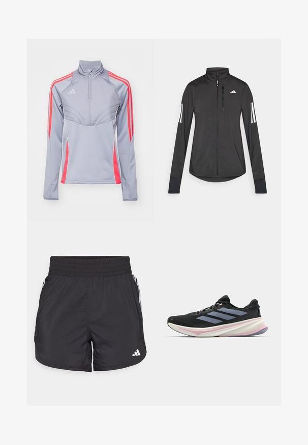 Giacchetto sportivo nero realizzato in materiale leggero. Presenta una chiusura frontale con zip, colletto alto e tre strisce bianche su ciascun manica.; Giacca sportiva grigia chiara con accenti rosa, colletto alto e zip frontale. Presenta tre strisce su ciascun manica e un design testurizzato.; Pantaloni sportivi neri con elastico in vita, tasche laterali e strisce bianche ai lati. Realizzati in materiale leggero.; Scarpa da corsa nera con tomaia in rete, accenti di un violaceo chiaro e tre strisce orizzontali grigie. Presenta una suola imbottita per il comfort.