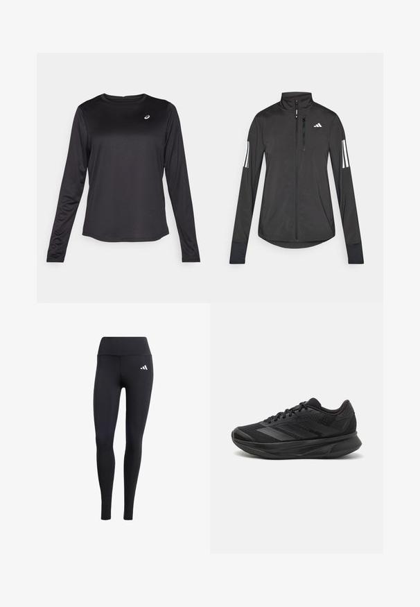 Black athletic jacket made of lightweight material. Features a front zipper, high collar, and three white stripes on each sleeve.; Black long-sleeve athletic shirt made of lightweight fabric. Features a round neckline and a small logo on the chest. Smooth texture.; Black leggings made of stretchy material, featuring a high waistband and a small white logo, with a smooth, matte finish.; Black running shoe with a breathable mesh upper, rounded toe, sleek design, textured accents, and a cushioned sole for comfort.