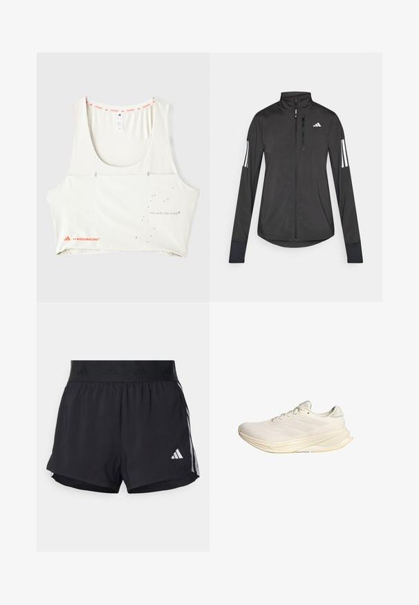 Zwarte sportjack gemaakt van lichtgewicht materiaal. Voorzien van een ritssluiting aan de voorkant, hoge kraag en drie witte strepen op elke mouw.; Witte sportieve tanktop met een ronde hals, oranje merkaccenten en metallic bedrukte tekst "loop met de geest." Bevat minimalistische ontwerpelementen.; Zwarte sportshorts met een elastische tailleband, voorzien van een gestructureerde band, zijstrepen en een wit Adidas-logo op de onderrand.; Lichtbeige sportschoen met een bovenwerk van mesh, platte veters en een gevoerde zool. Heeft een ontwerp met drie strepen aan de zijkant.